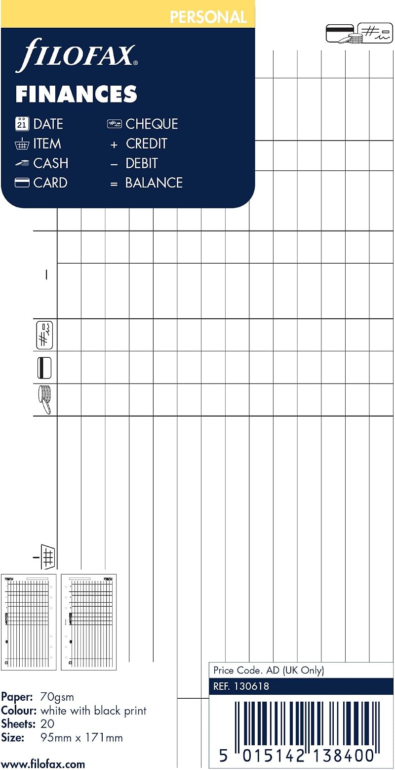 Filofax Personal Finances Refill White 95mm x 171mm 6 Hole 20 Leaves