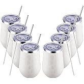 MEWAY 12oz Insulated Wine Tumbler Bulk, Double Wall Vacuum Stainless Steel Travel Tumbler with Straw,8 pack of wine tumbler glasses(Almond Leopard,Set of 8)