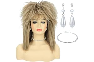 Bettecos 80s Womens Rock Diva Costume Wig with Necklace and Earring for Women Big Hair Blonde 70s 80s Rocker Mullet Wigs Glam Punk Rock Rockstar Cosplay Wig for Halloween Party (Light Blonde)