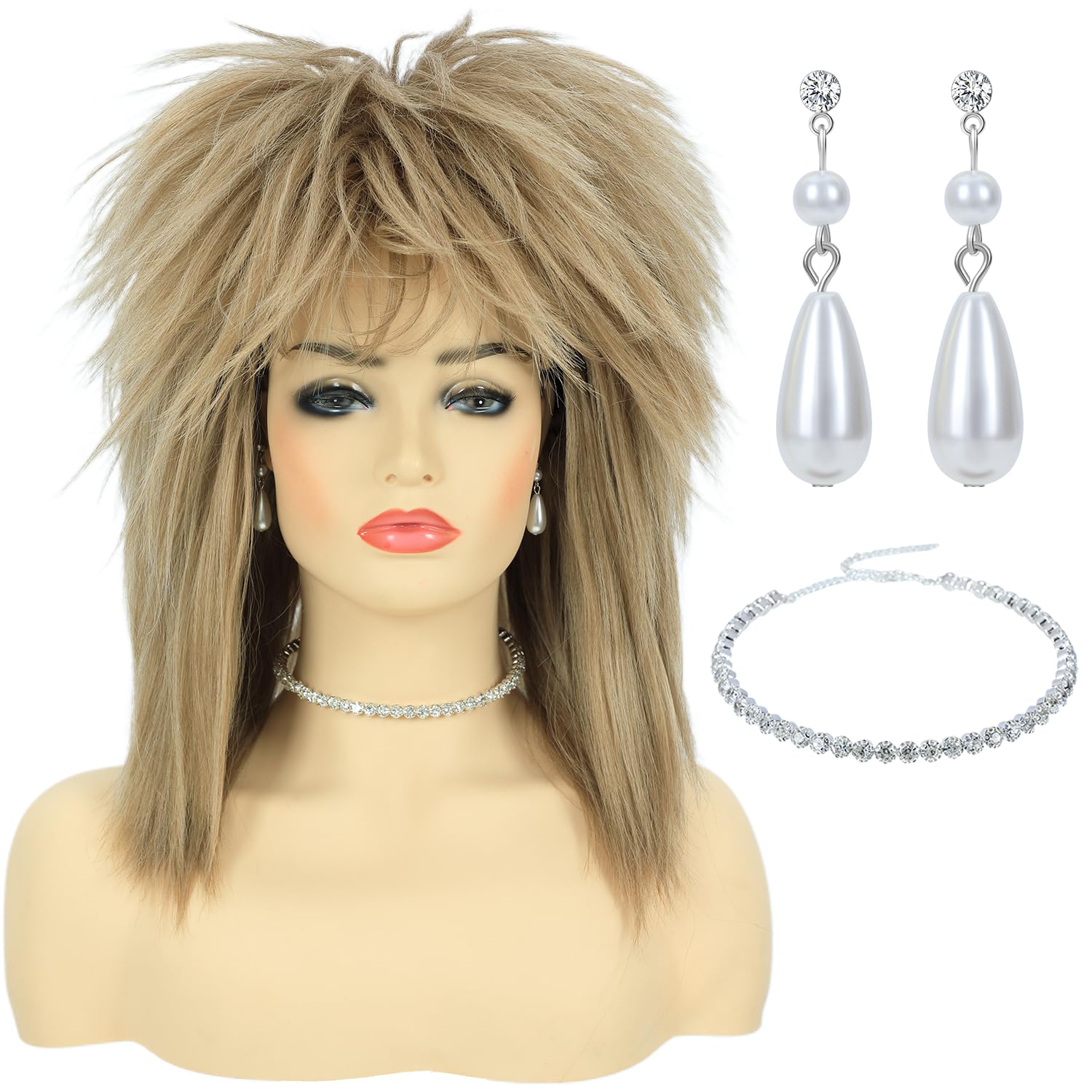 Bettecos 80s Tina Rock Diva Costume Wig with Necklace and Earring for Women Big Hair Blonde 70s 80s Rocker Mullet Wigs Glam Punk Rock Rockstar Cosplay Wig for Halloween Party