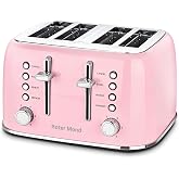Roter Mond Toaster 4 Slice Retro Stainless Steel with Extra Wide Slots Bagel, Defrost, Reheat Function, Dual Independent Control Panel, Removable Crumb Tray, 6 Browning Levels, Pink