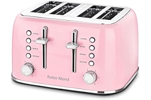 Toaster 4 Slice, Roter Mond Retro Stainless Steel Toaster with Extra Wide Slots Bagel, Defrost, Reheat Function, Dual Independent Control Panel, Removable Crumb Tray, 6 Browning Levels, Pink