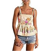 Floerns Women's Summer Tropical Print Ruffle Cami Tops Tie Shoulder Sleeveless Vacation Camisole