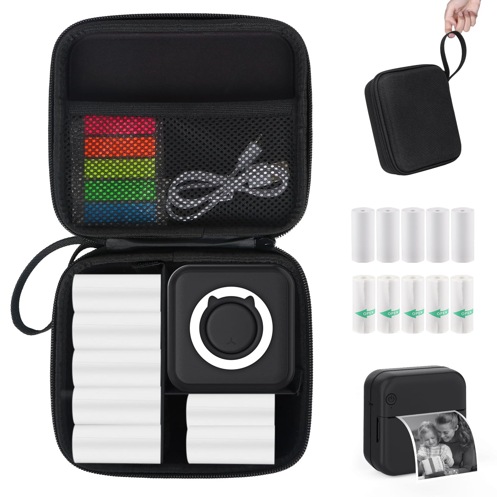 Photo 1 of HUIJUTCHEN Black Mini Pocket Printer with Black Case, Mini Thermal Printer with 10 Rolls Thermal Paper, Mini Portable Photo Printers for Travelling, Journal, Memo, Photo, Study Notes, Shopping Lists