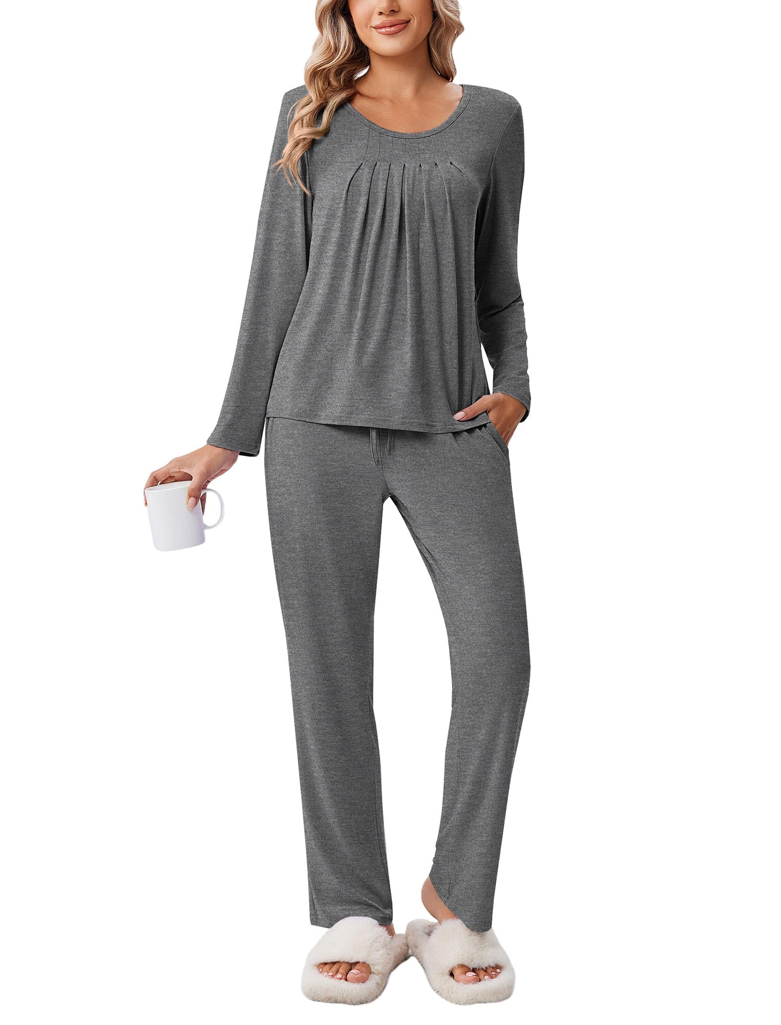Ekouaer Women's Pajama Set 2 Piece Loungewear Soft Pjs Casual Lounge Sets with Pockets,M.Grey,L