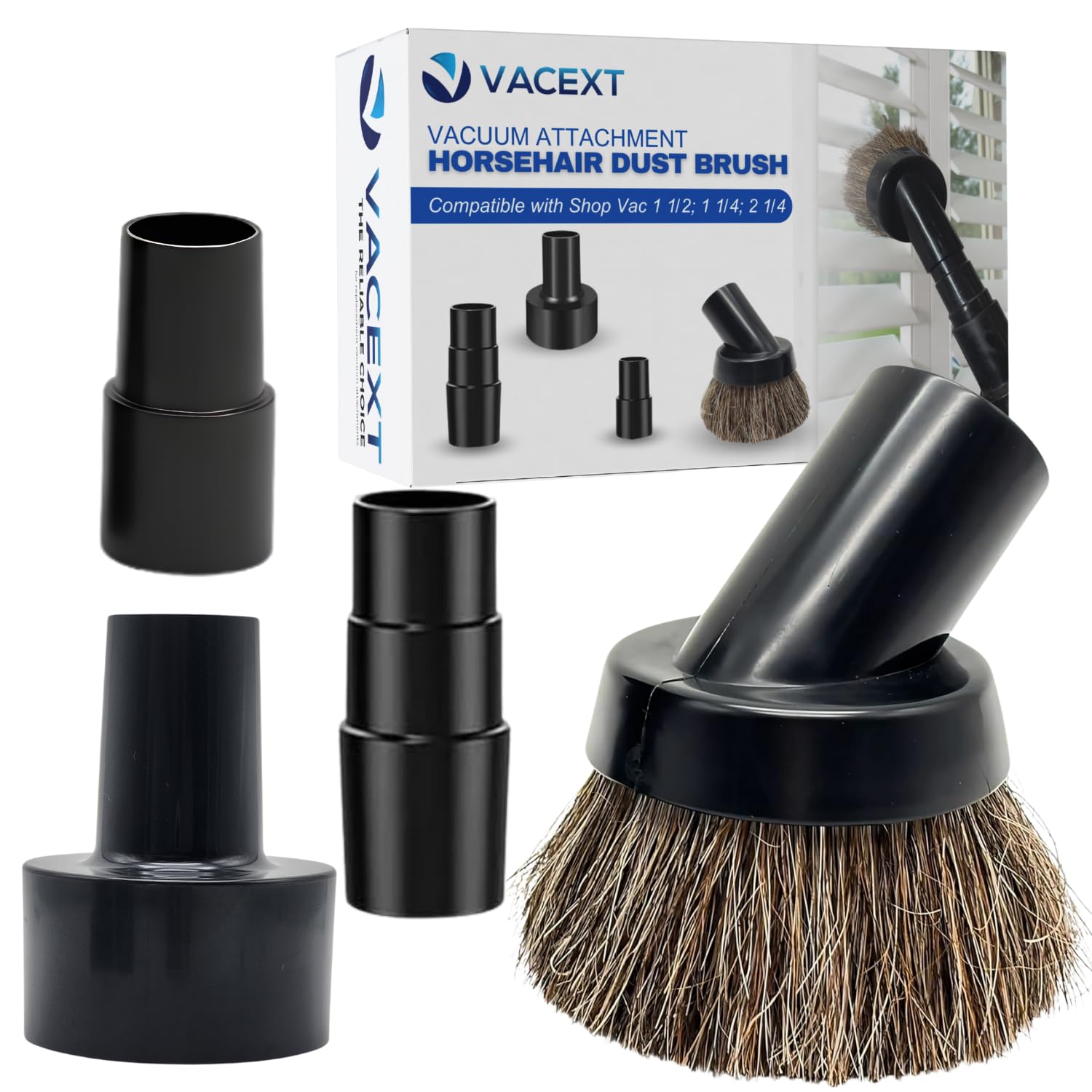 Photo 1 of 1.25 Inch Premium Soft Horse Hair Vacuum Brush Plus Vacuum Hose Adapter Kit Compatible with Shop Vac Hose 2-1/2'', 1-1/2'' & 1-1/4'' - Vacuum Attachment for Car Detailing, Furniture & Baseboards