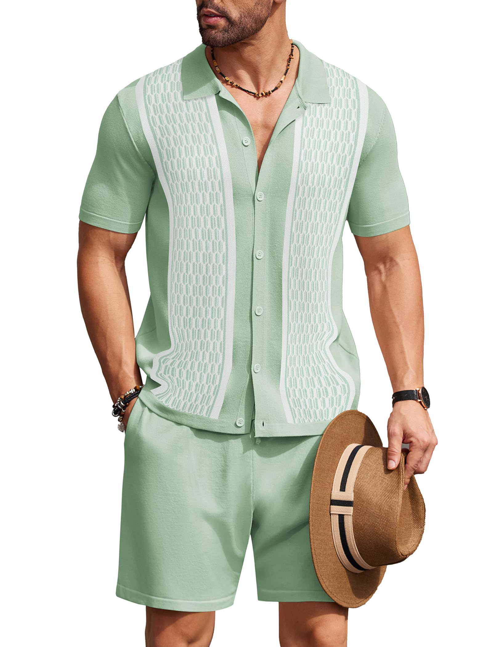 COOFANDY Men's 2 Piece Outfit Vintage Short Sleeve Knit Shirts Sets Button Down Polo Shirt Casual Beach Shorts Outfits Light Green Image