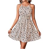 SweatyRocks Women's Printed Sleeveless Smocked A Line Halter Mini Dresses Vacation Boho Dress