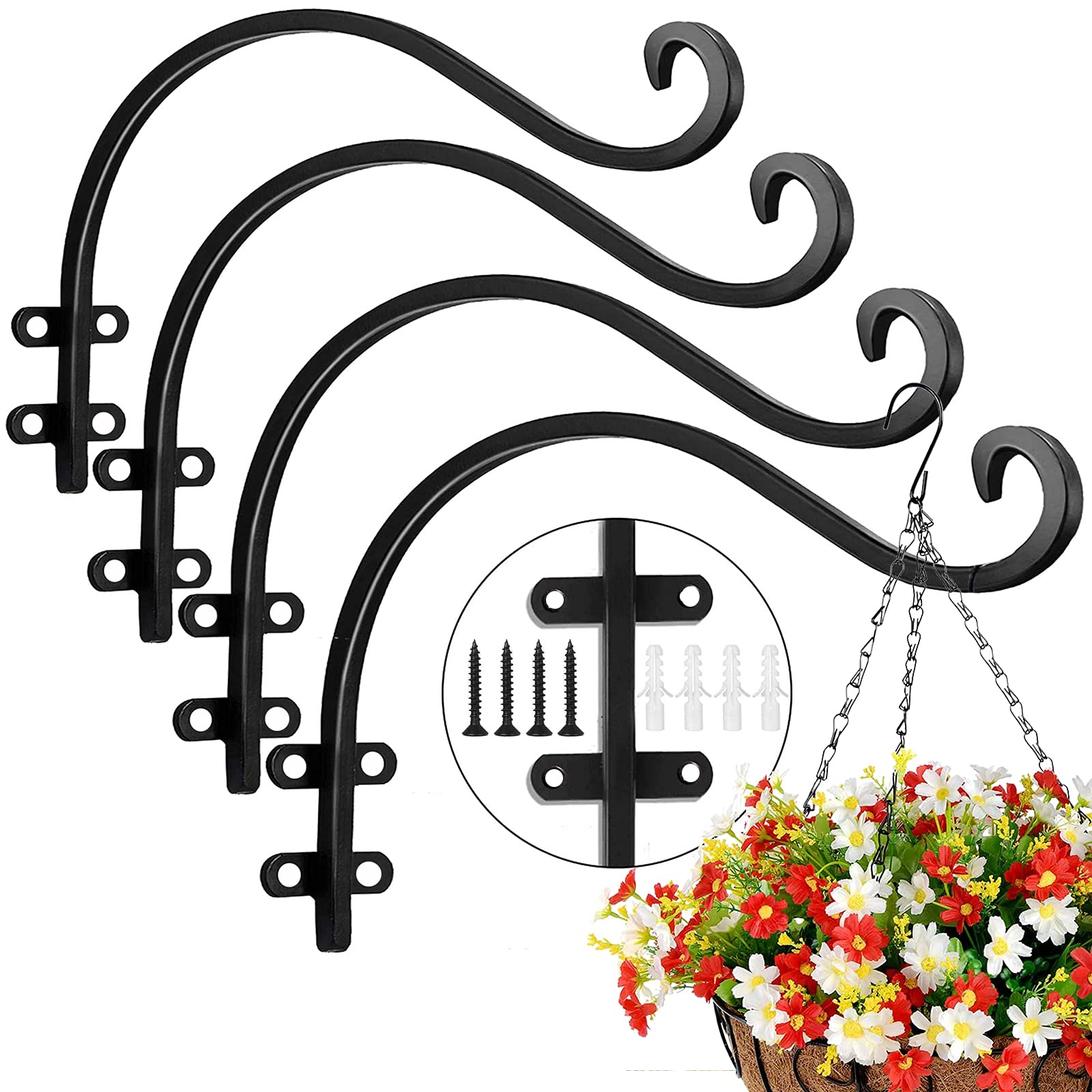 Photo 1 of 4 Pack Heavy Duty Plant Hanger Bracket, 12Inch Hanging Brackets for Plants Outdoor and Indoor, 80lbs Holding Capacity Metal Plant Wall Hooks, Black Hanging Plant Brackets for Flower Wind Bird Feeder