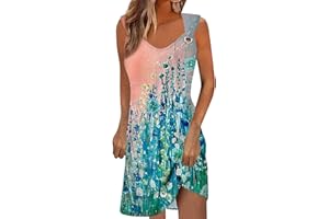 HADWNIUB Summer Dresses for Women 2024 Vacation Trendy Floral Boho Mini Dress Sleeveless Casual Beach Sundresses