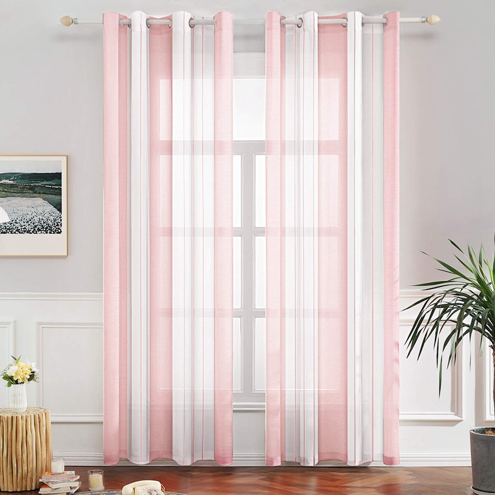 MIULEE Voile Curtains Classic Striped Curtain Translucent Soft Modern Light Filtering Transparent Eyelet Top Window Curtain Polyester for Bedroom Living Room 2 Panels 55" Wx88 L 140x225cm Pinkish