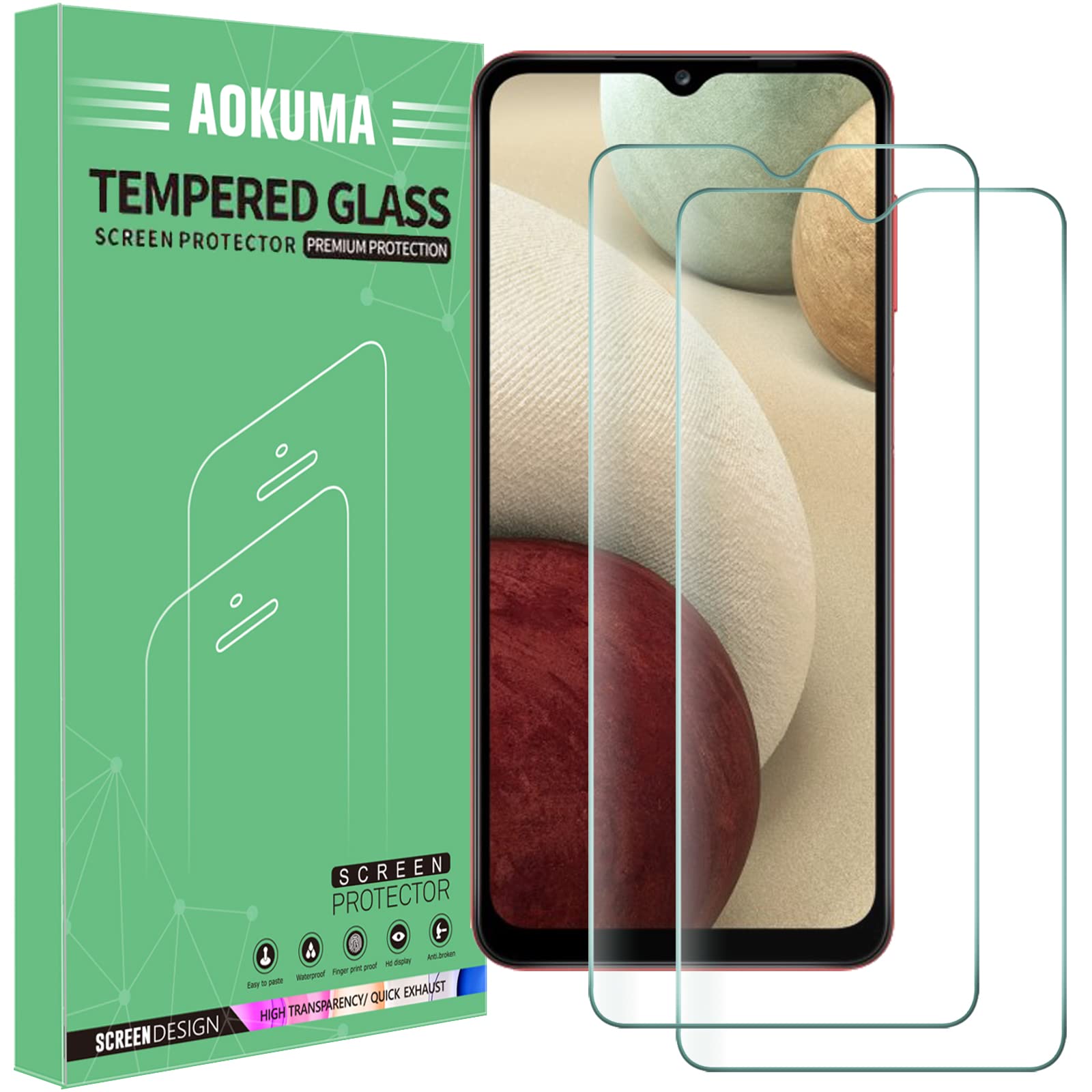AOKUMA Tempered Glass for Samsung Galaxy A12/A32 5G Screen Protector, [2 Pack] Premium Quality Guard Film, Case Friendly, Shatterproof, Shockproof, Scratchproof, Oilproof