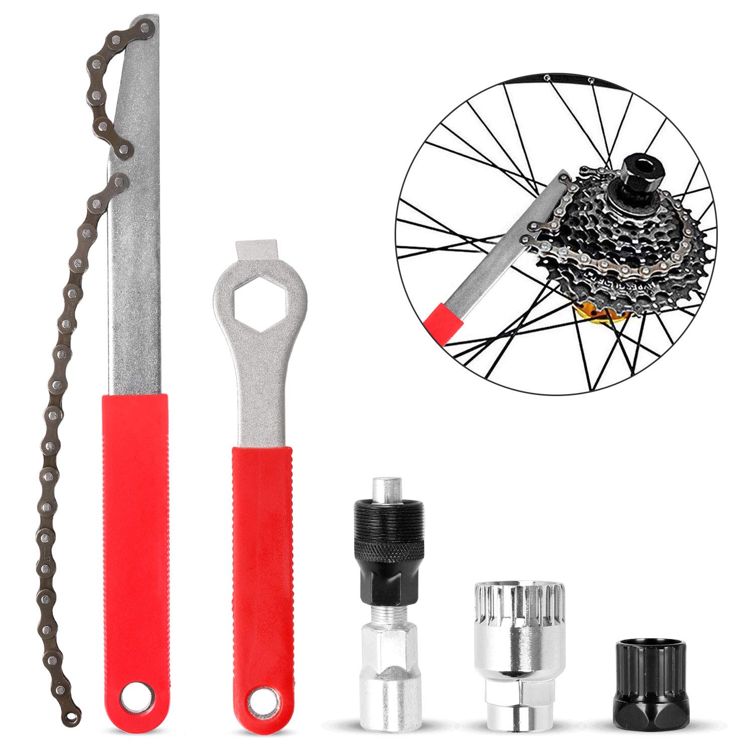 Odoland Bike Chain Removal Tool Kits Bicycle Repair Tool Kit include Bike Crank Extractor, Spanner, Bracket Remover, Bicycle Flywheel Chain Sprocket Remover Tool and Cassette Lockring Removal Tool