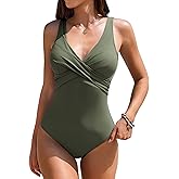 AI'MAGE Women's One Piece Swimsuit 2025 Tummy Control Bathing Suit V Neck Retro Ruched Push Up Swimwear