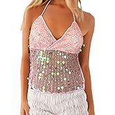 Women Sequin Halter Top Sleeveless Sparkly Going Out Top Y2K Backless Glitter Tank Tops Shiny Party Concert Shirt