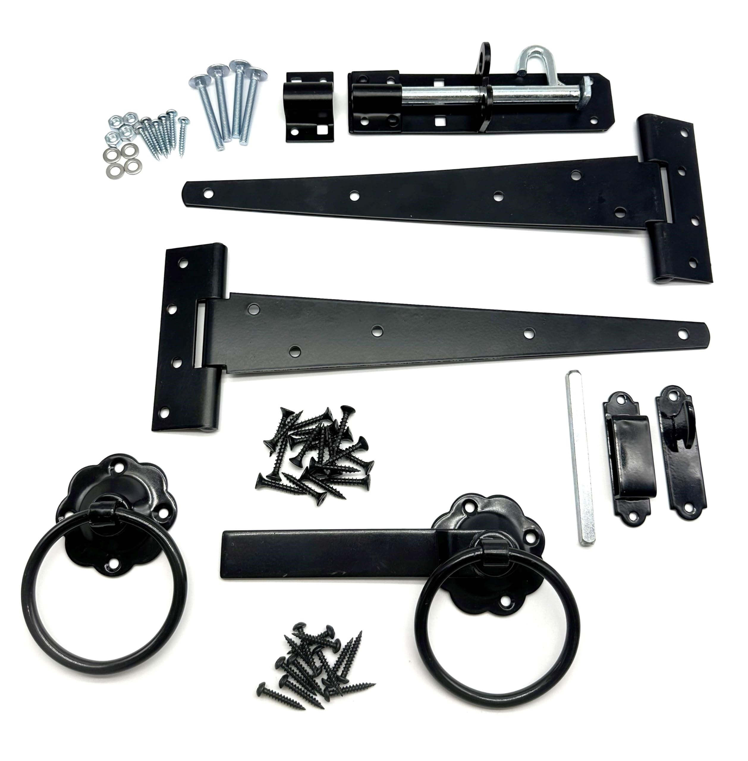 Black Heavy Duty Garden Gate Hinge Pack. 2X 12 Tee Hinges, Ring Latch, Padbolt & All Fixings. Hanging Kit for Garden Gates and Doors. Corrosion and Weather Resistant Hinge Set.