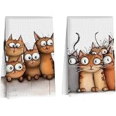 2 Pcs Cute Cat Kitchen Towels, Funny Decorative Absorbent Microfiber Dish Cloth Tea Towel, Waffle Soft Hand Towels for Kitchen Home Bathroom Farmhouse Decor, Cat Lover Gifts for Women