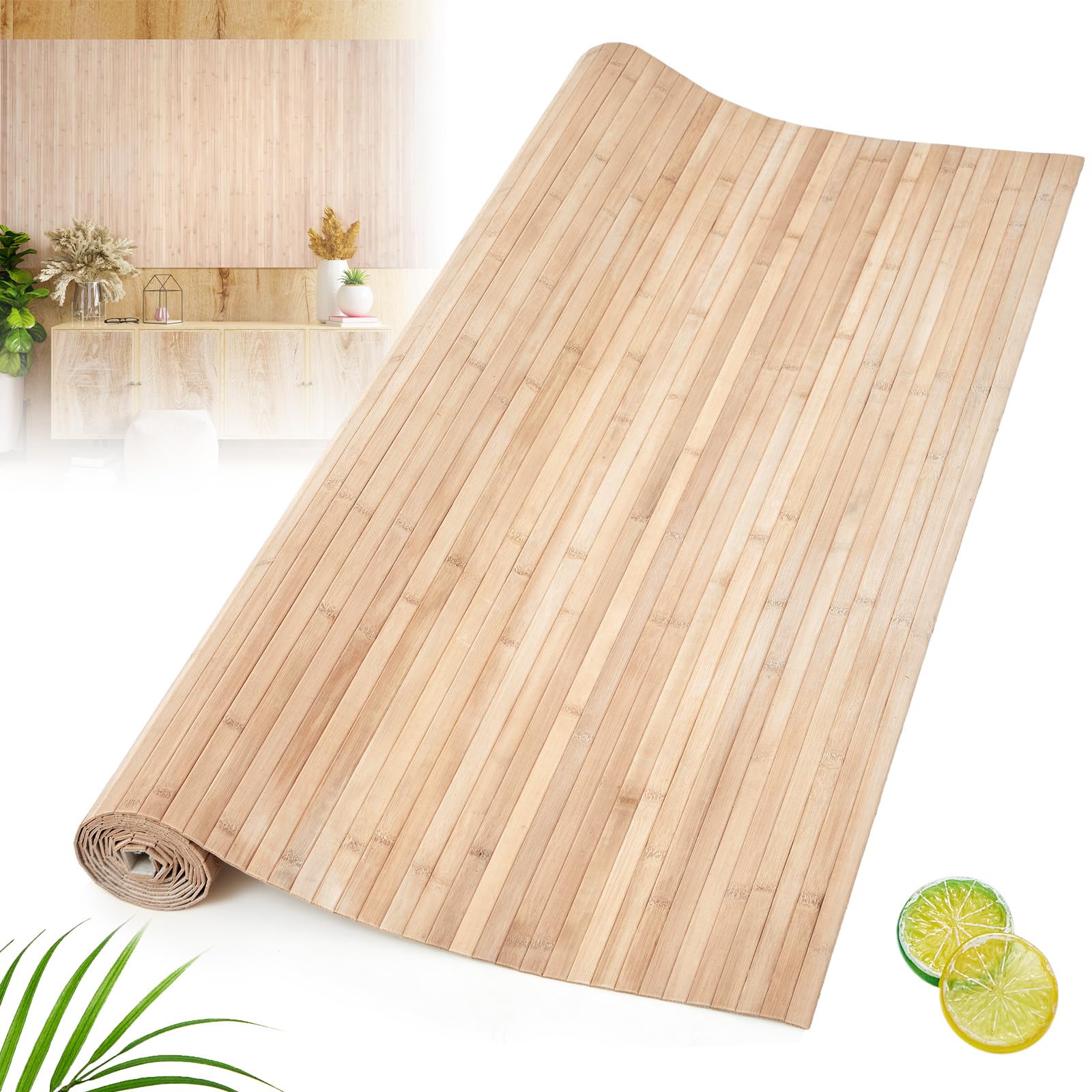 Photo 1 of (USED/FAIR) Juexica 1 Pcs Natural Bamboo Wall Panel for Interior Wall 48'' x 96'' Bamboo Covering Renewable Pole Wainscoting Room Divider Decoration for Bedroom Living Room Kitchen Island Office (Light Carbonized)