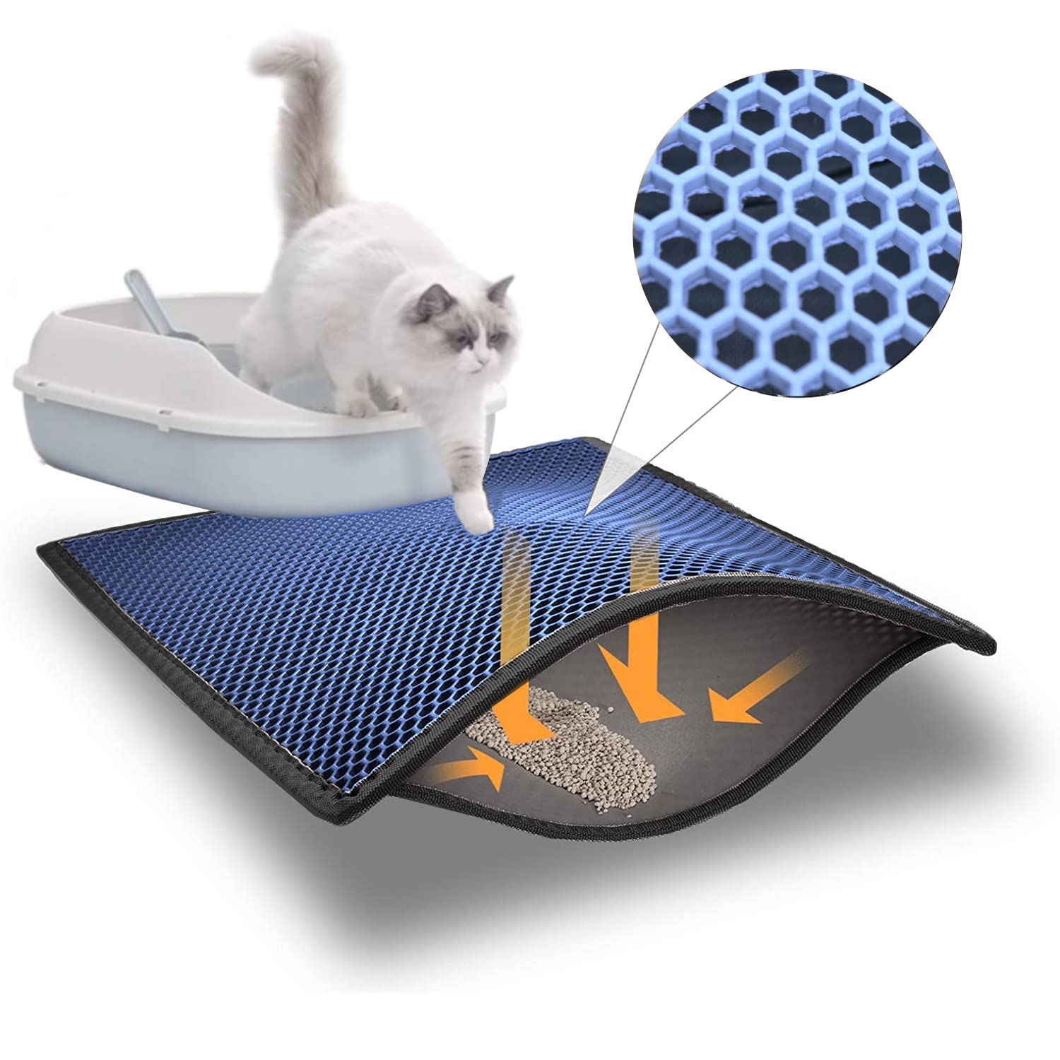 Blue Eyes Cat Litter Tray Mat, Litter Tray Underlay, Honeycomb Design, Waterproof, Double Layer Design, 60x40 cm, Turquoise