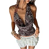MakeMeChic Women's Sequin Halter Crop Top Sparkly Sleeveless Draped Open Back Y2K Party Tops