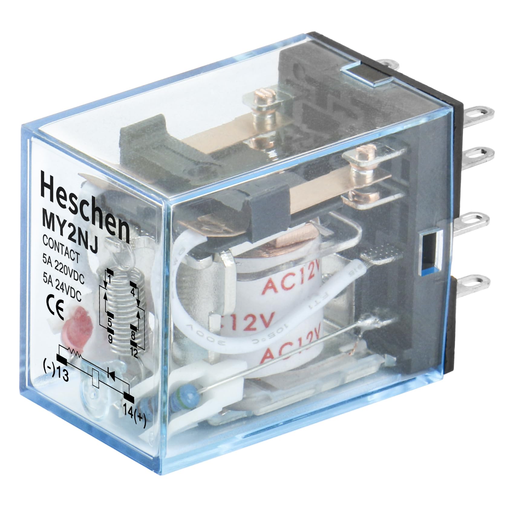 Heschen Gereral Purpose Relay, MY2NJ, 12VAC Coil, 5A 24VDC/220VAC, DPDT, LED Indicator