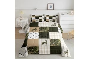 Homewish Camouflage Comforter Set Full Size Woodland Camo Quilt Set Green and Beige Plaid Print Bedding Set 3pcs for Kids Boys Teens Room Decor, Animal Deer Antlers Duvet Insert with 2 Pillowcases