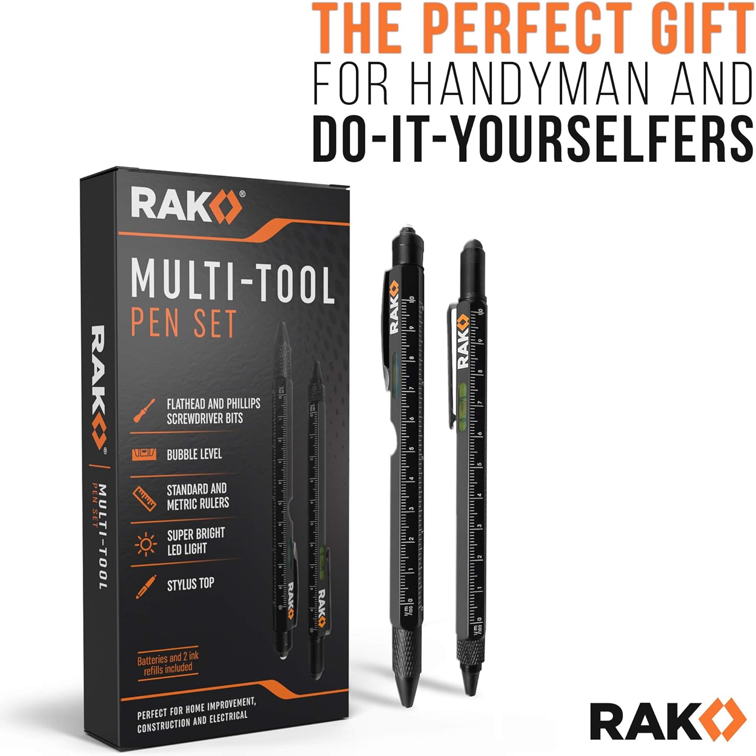 RAK Multi-Tool 2Pc Pen Set - LED Light, Touchscreen Stylus, Ruler, Level, Bottle Opener, Phillips Screwdriver, Flathead, and Ballpoint Pen - - 