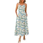 Maggeer Women's Summer Fall Adjustable Spaghetti Strap Ruched Maxi Dress Floral Boho Long Sundress with Pockets