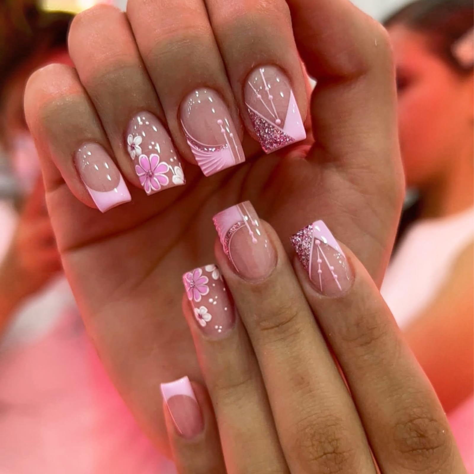 YOSOMMK French Flower Fake Nails Square Short Press on Nails with Glitter Sequins Designs Glossy False Nails Pink Stick on Acrylic Nails for Women and Girls