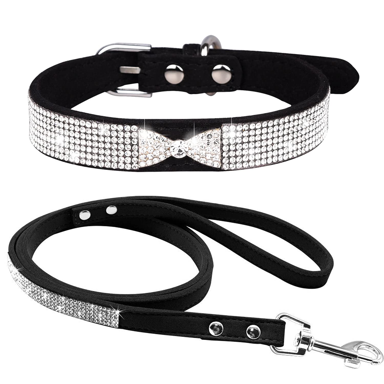 haoyueer Rhinestone Dog Collar, Cute Dazzling Sparkling Soft Suede Leather Dog Cat Rhinestone Collar Leash Crystal Diamond Pet Dog Puppy Collar (M, Black-3)