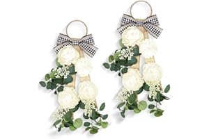 GIEGXIN 2 Pcs Eucalyptus Wreaths for Front Door 17.7'' Farmhouse Artificial Swag Flowers Peony Swag for Wedding with Ribbon Tie Faux Dahlia Wreath for Wall Front Door Accent Party Decor