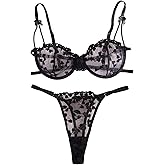 SOLY HUX Women's Lingerie Set Embroidery Mesh Sheer Underwire Bra and Panty Sets