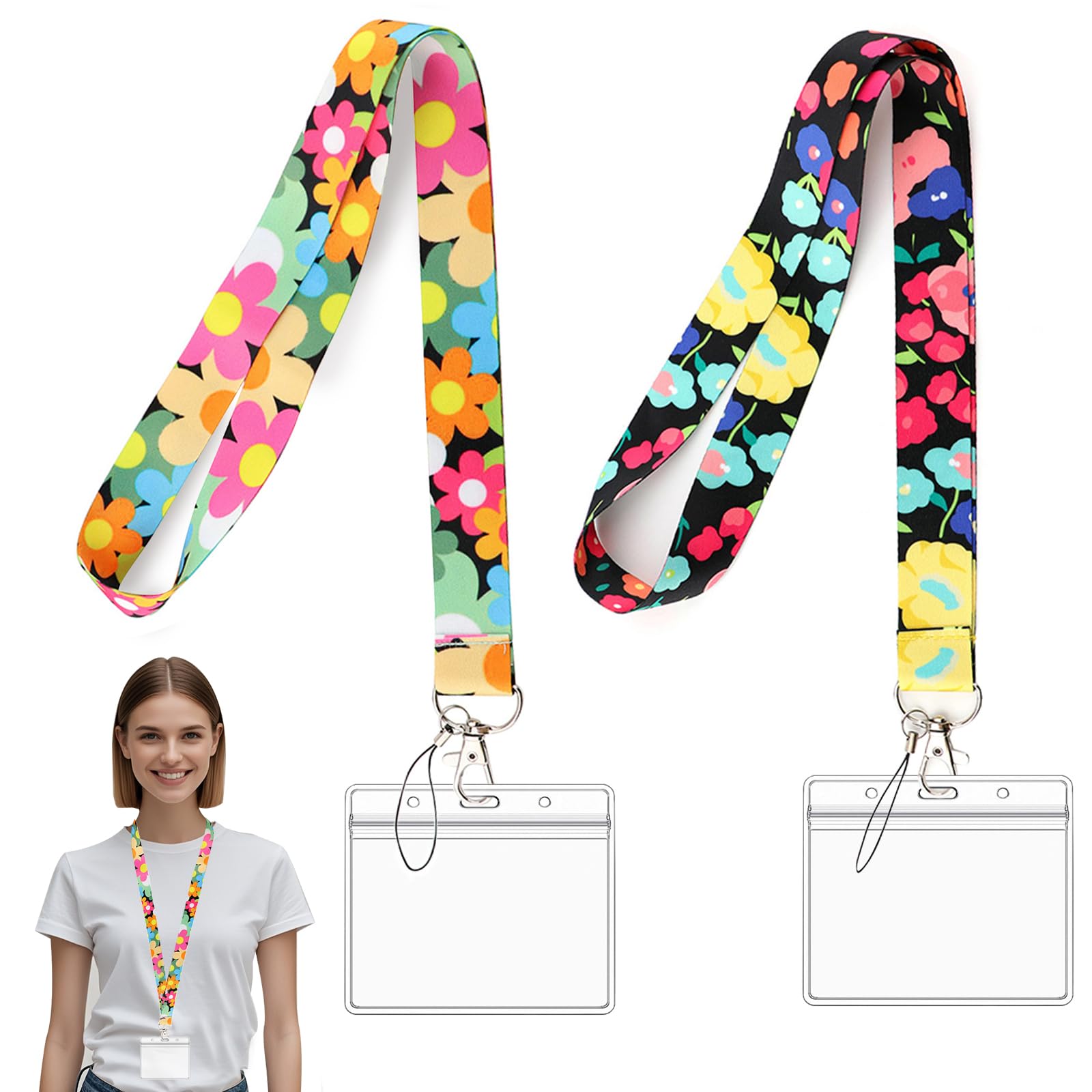 Flower Lanyard Neck Strap, 2 Sets Personalised Lanyards with Waterproof Plastic Card Holder for Keys, Tickets, School, Office Supplies