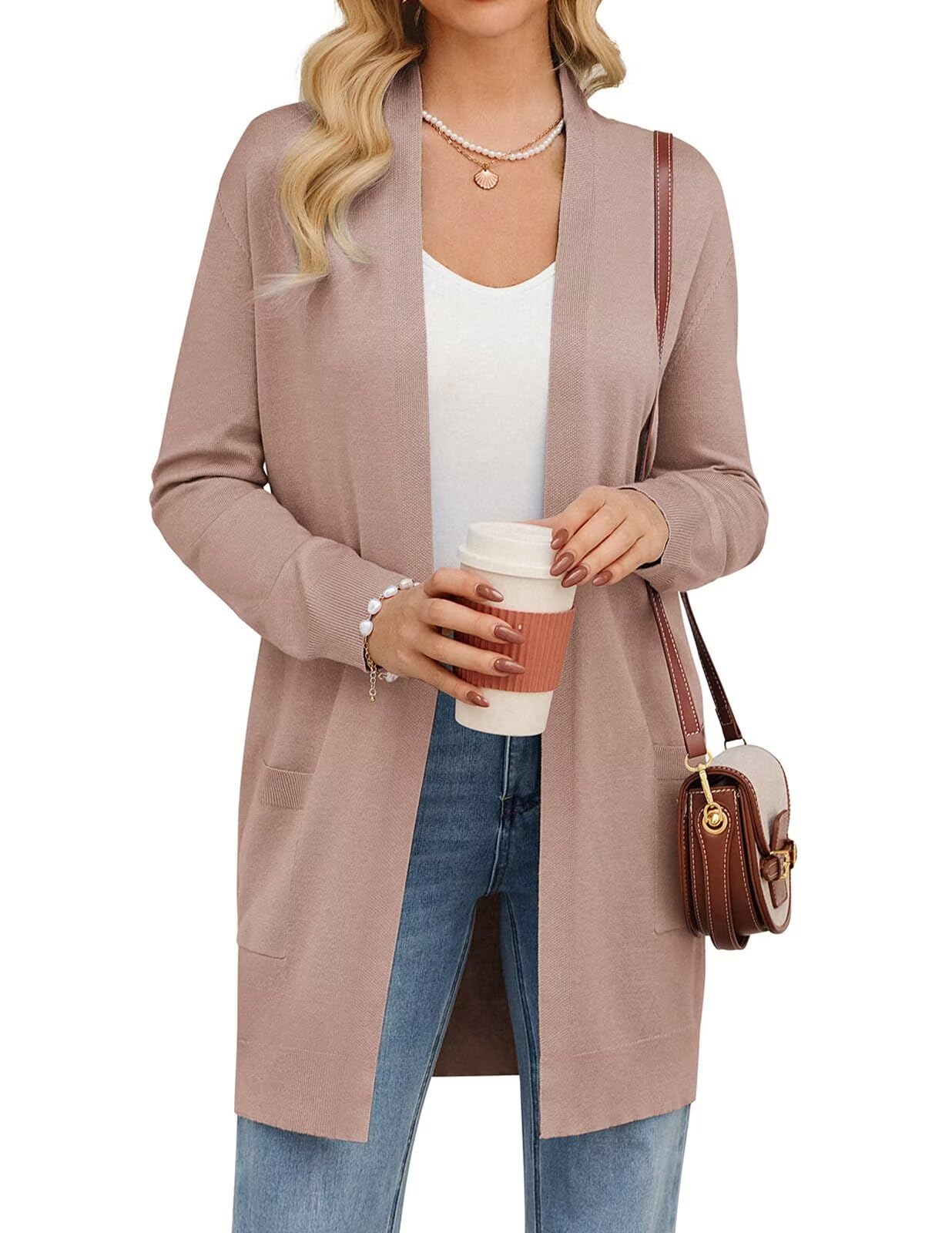 GRACE KARIN Women's Fall Long Cardigan, Open Front Long Sleeve Sweater, Soft Knit Essential Coat with Pockets Fawn M Image GRACE KARIN Women's Fall Long Cardigan, Open Front Long Sleeve Sweater, Soft Knit Essential Coat with Pockets Fawn M Image
