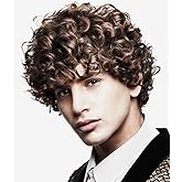 Tseses Men Curly Brown Short Wig California Halloween Cosplay Synthetic Wigs for Men Costume Party Heat Resistant Afro Full Wig