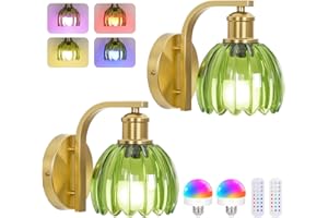 VERRON Rechargeable Battery Operated Wall Sconce Set of Two with Green Glass Lampshade, Wireless Battery Powered Wall Lamp with Remote Control, 15 Colors Gold Wall Light for Bedside Hallway Bedroom Doorway