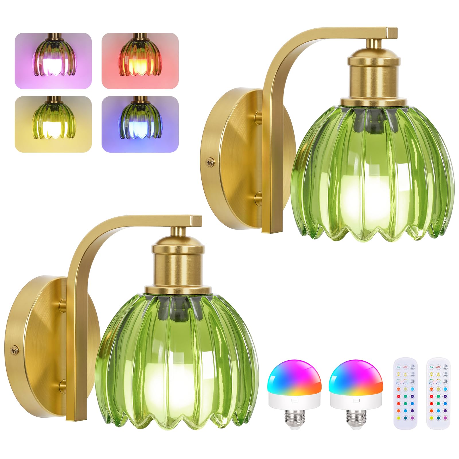 Photo 1 of Rechargeable Battery Operated Wall Sconce Set of Two with Green Glass Lampshade, Wireless Battery Powered Wall Lamp with Remote Control, 15 Colors Gold Wall Light for Bedside Hallway Bedroom Doorway