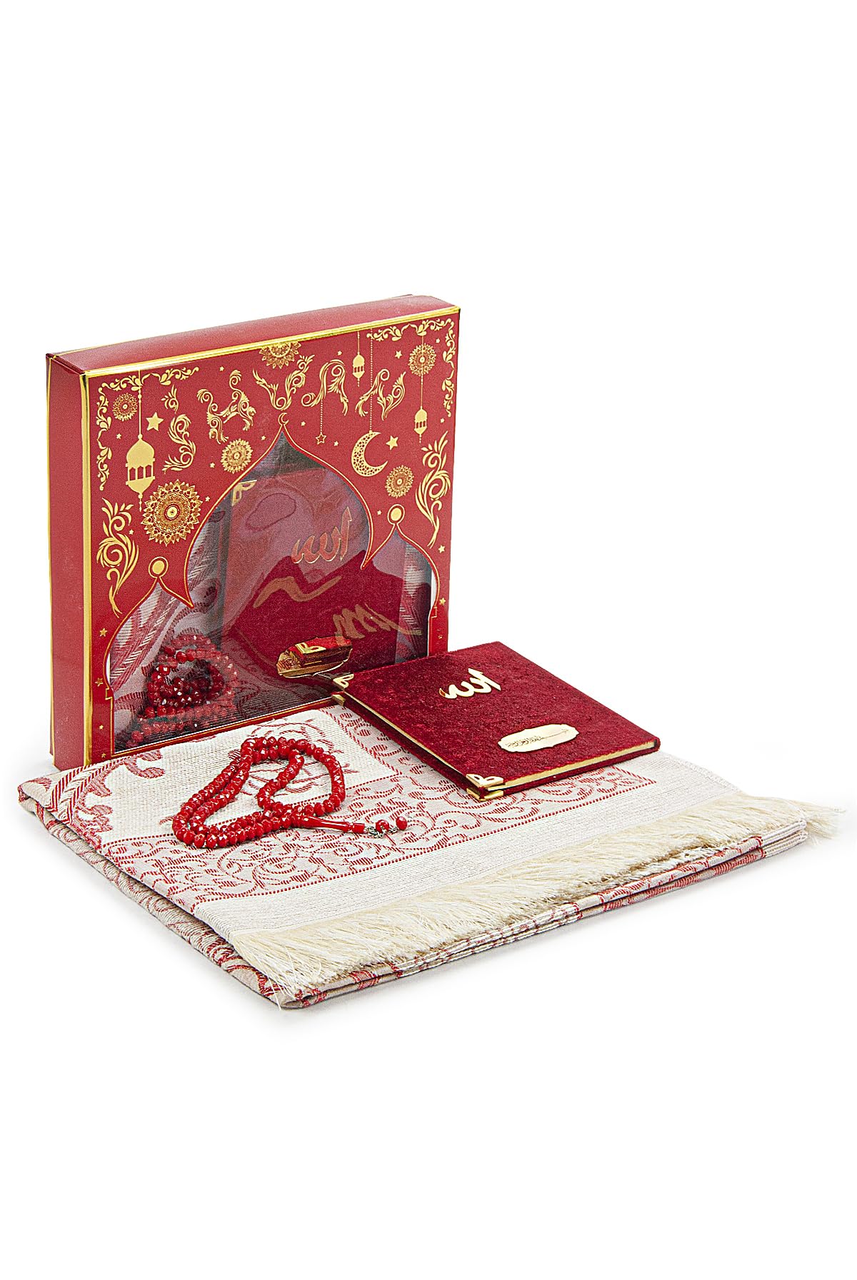 ihvan online Prayer Gift Set for Men & Women, Muslim Taffeta Prayer Rug, Salah Mat, Beads Rosary, Velvet Covered Yaseen Islamic Gift Set for Ramadan & Eid, Red