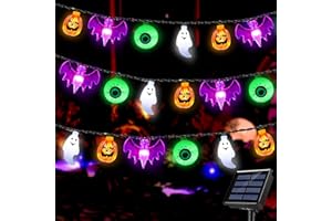 HUGSVIK Halloween Lights Outdoor, 50 LED Pumpkin Bat Ghost Eyeball Halloween String Lights, Waterproof Solar Halloween Lights for Halloween Decorations Outdoor Yard, Patio, Gate, Door, Window, Party Decor