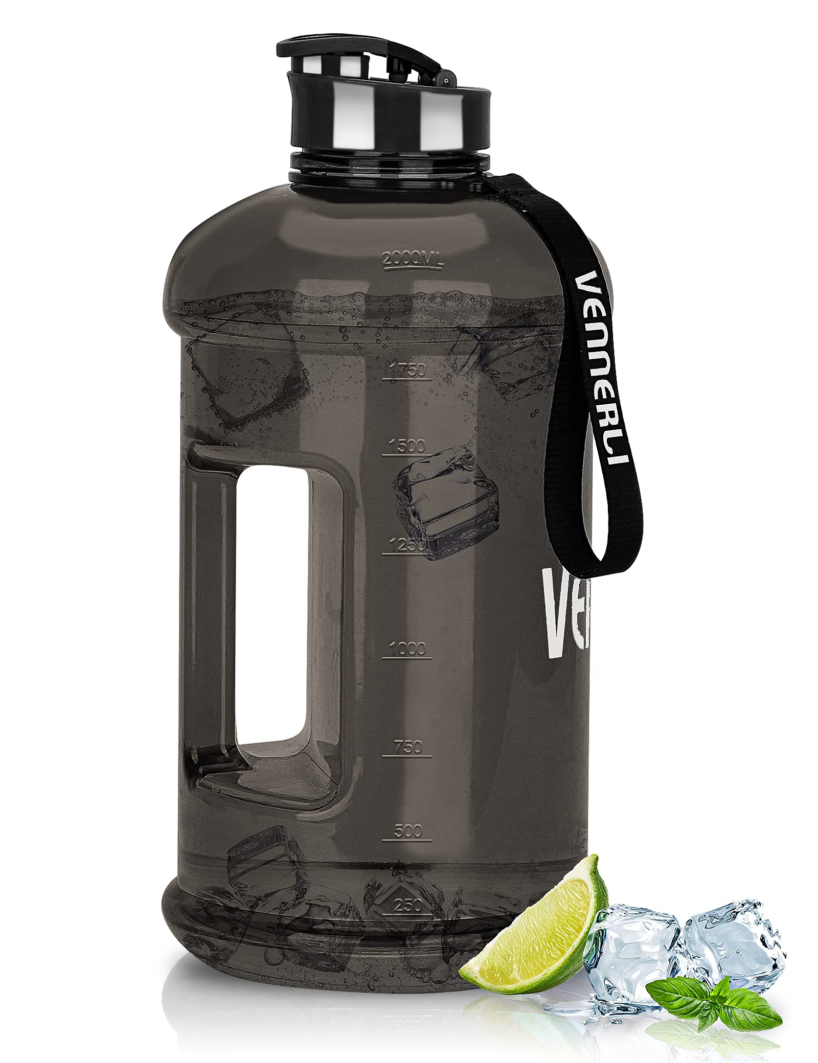 VENNERLI Half Gallon Water Bottle 100% Leak proof BPA Free 2.2L Reusable Durable big Water Gym Jug with Handle Flip Cap for Camping Sports Workouts Hiking Outdoors 2.2Litre (Black)
