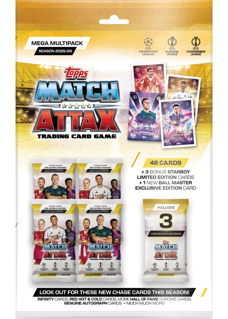 Topps UCC Match Attax 2025/26 - Mega Multipack - contains 48 Match Attax cards plus 3 random Star Boy LE's and a random Ball Master LE card.