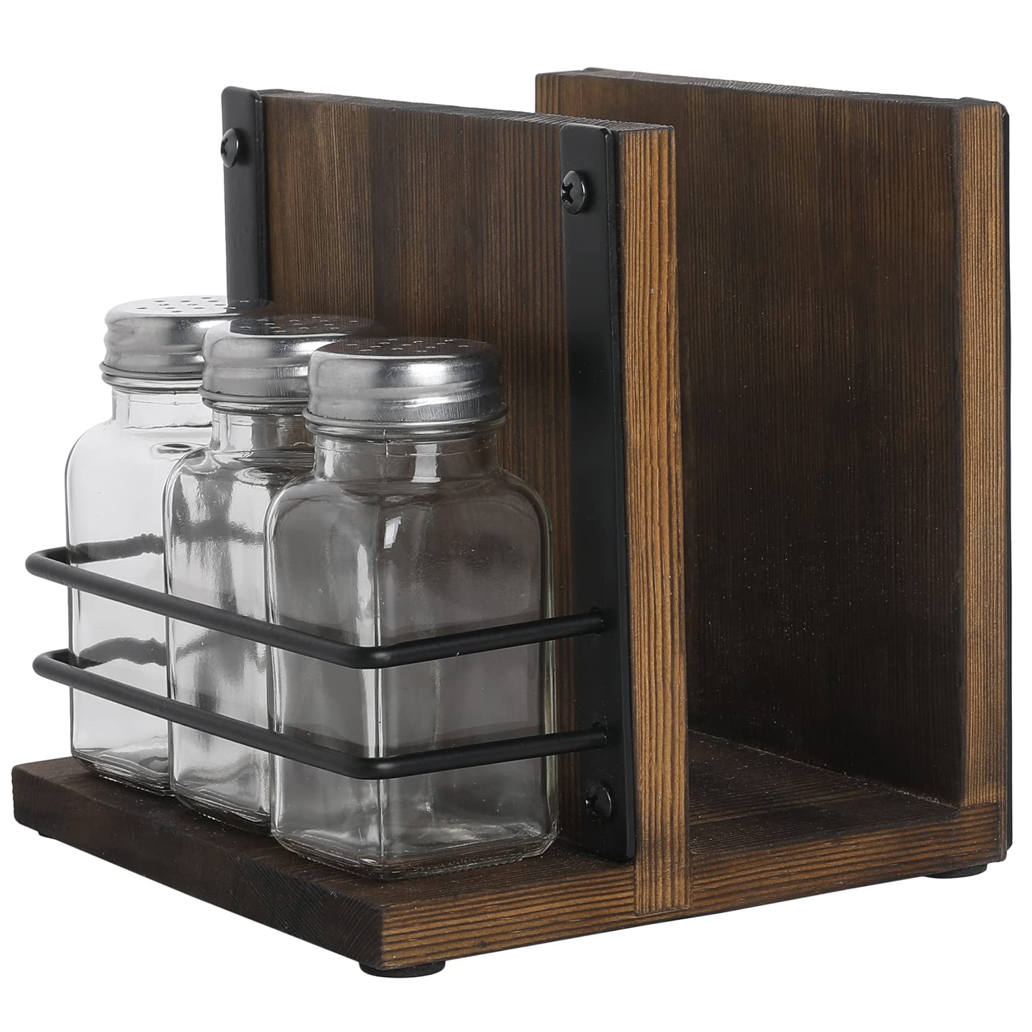 Photo 1 of MyGift Napkin Holder with Salt and Pepper Shakers Set, Wood Tabletop Napkin Dispenser with Condiment Organizer and 3 Glass Shakers, Rustic Kitchen Décor