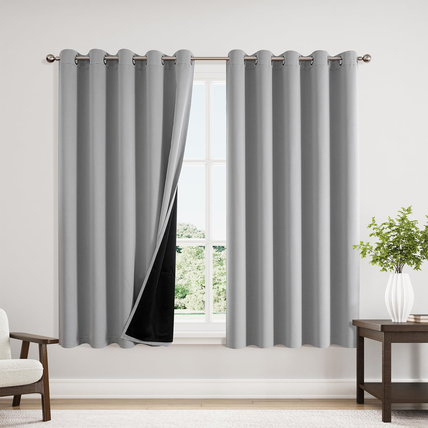 Photo 1 of ChrisDowa 100% Blackout Curtains 63 inch Long for Bedroom with Black Liner, Extra Wide 2 Thick Layers Total Blackout Thermal Insulated Grommet Window Curtains 2 Panels Set (Light Grey, 60 x 63 Inch)