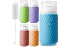 QUMMFA 5Pcs Condiment Squeeze Bottles, 2 OZ Salad Dressing Container To Go, BPA-Free Dressing Bottle (with Cleaning Brush & Spice Labels), Leakproof Sauce Containers for Lunch Box, Travel Size Squeeze Bottle