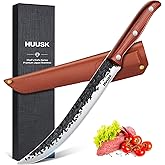Huusk Breaking Knife for Meat Cutting, Hand Forged Butcher Knife with Sheath, Ergonomic Wooden Handle Japanese Cimeter for BBQ 8 Inch Gift for Dad