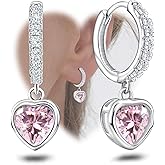 Heart Hoop Earrings with Dangle Sterling Silver Love Heart-Shaped Loop Earrings for Women Hypoallergenic Sparkle Birthstone Cubic Zirconia Hoop Earring with Dangling Charms Dainty Fashion Jewelry Gift