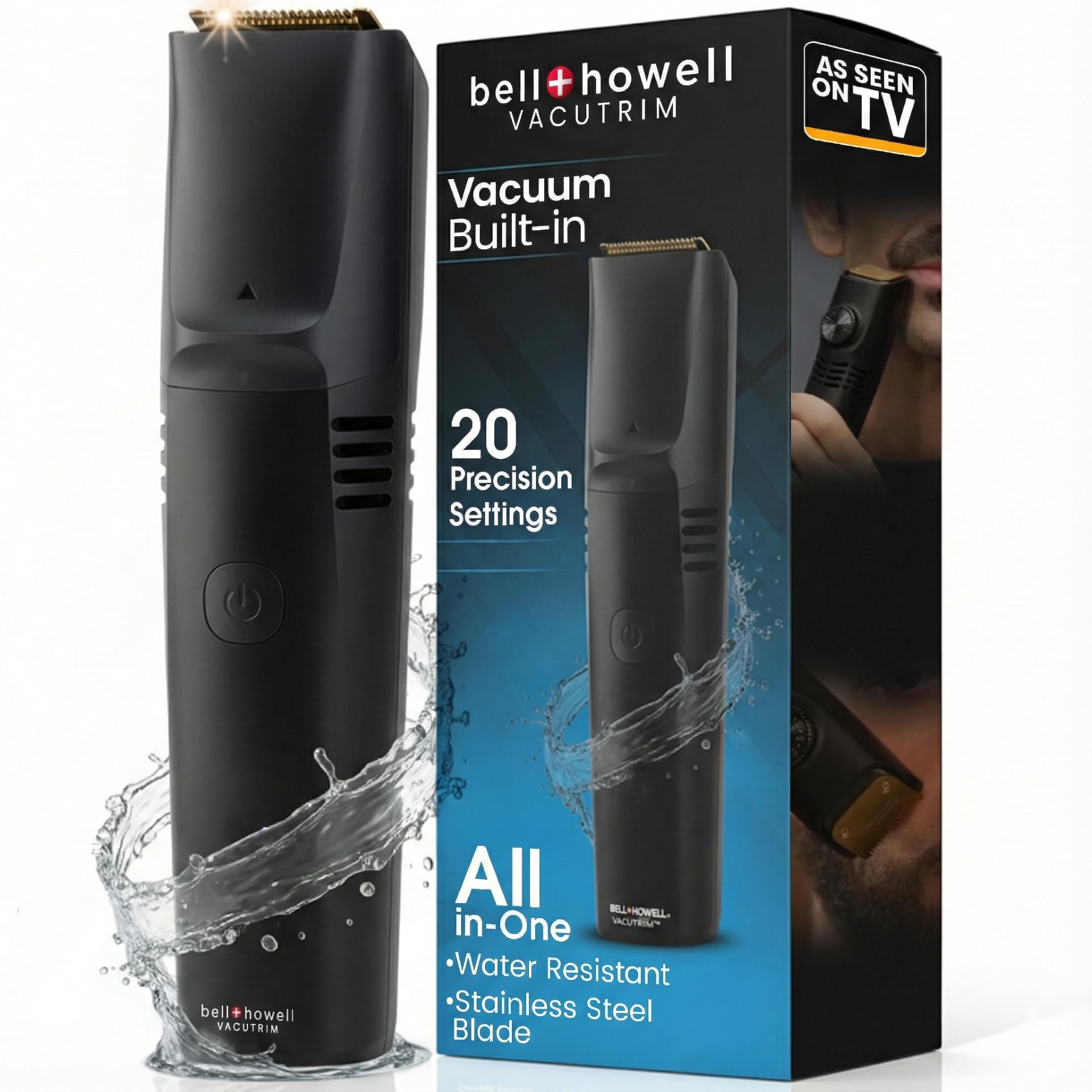 Vacutrim Cordless Beard Trimmer for Men, Rechargeable Mens Shaver with 20 Trim Setting Calibration Dial & Built-in Vacuum Electric Shavers + Pubic Hair Trimmer for Men 17 CM Mens Trimmer As Seen On TV