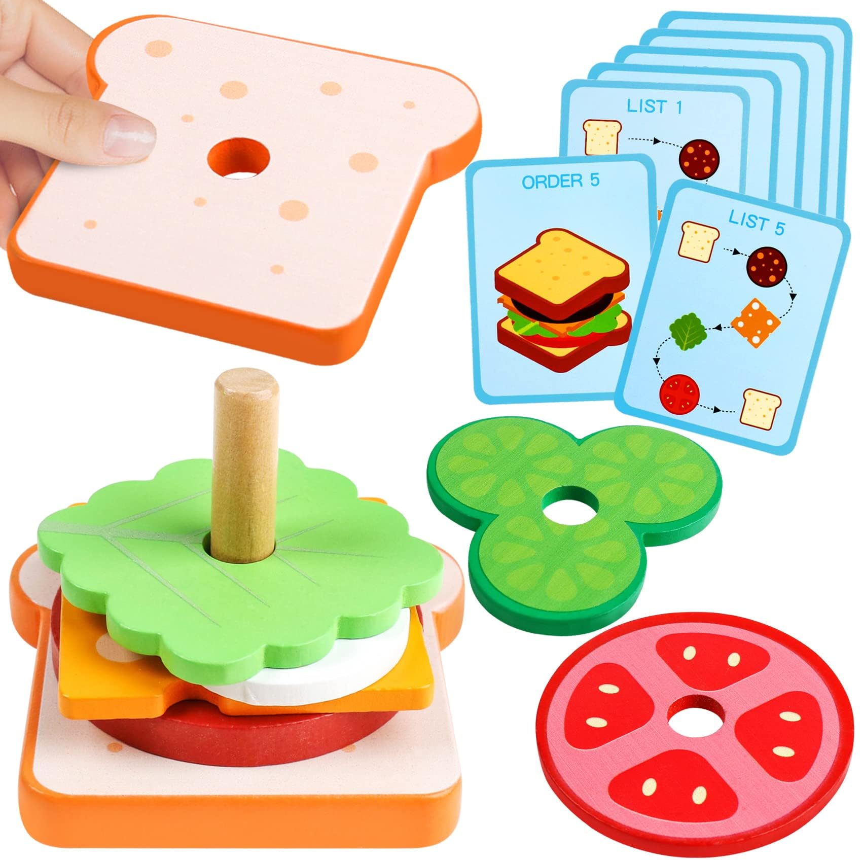 Wooden Burger stacking toy - Hamburger kitchen food play set for toddlers, preschoolers & kids (3-5 years) - Fine motor skills Montessori educational toy gift for boys & girls (Sandwich)