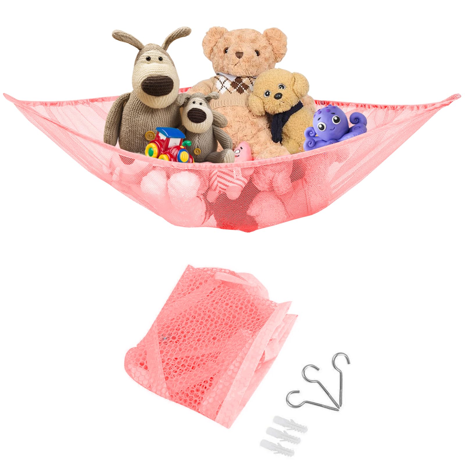 Teddy Hammock, Large Stuffed Toys Organizer Rip-Resistant Toys Teddy Storage Mesh Net with Anchors and Screw Hooks - Toy Hammock for Stuffed Animals, Basket Ball, Football etc. (Red)