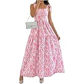 GORGLITTER Women's Floral Bow Tie Shoulder Maxi Dress Smocked Tiered Ruffle Sundress Boho Casual Beach Long Dresses